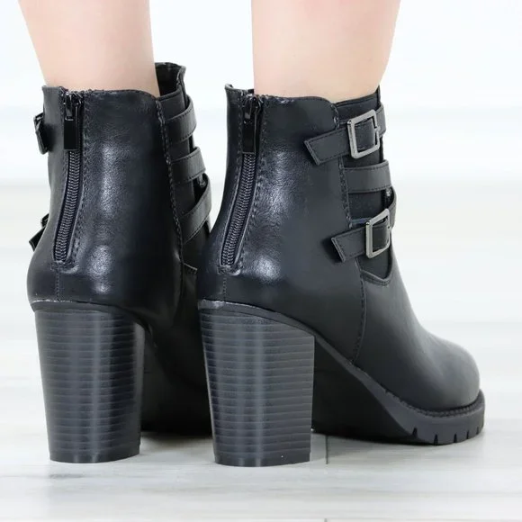 Black Ankle Boots Chunky Lug Block Heel Synthetic Leather Round Toe - Picture 6 of 12